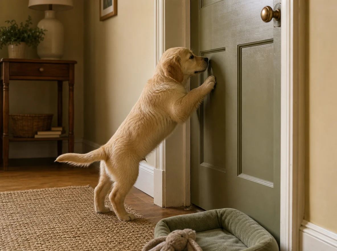 A puppy pawing at a closed door after being left alone