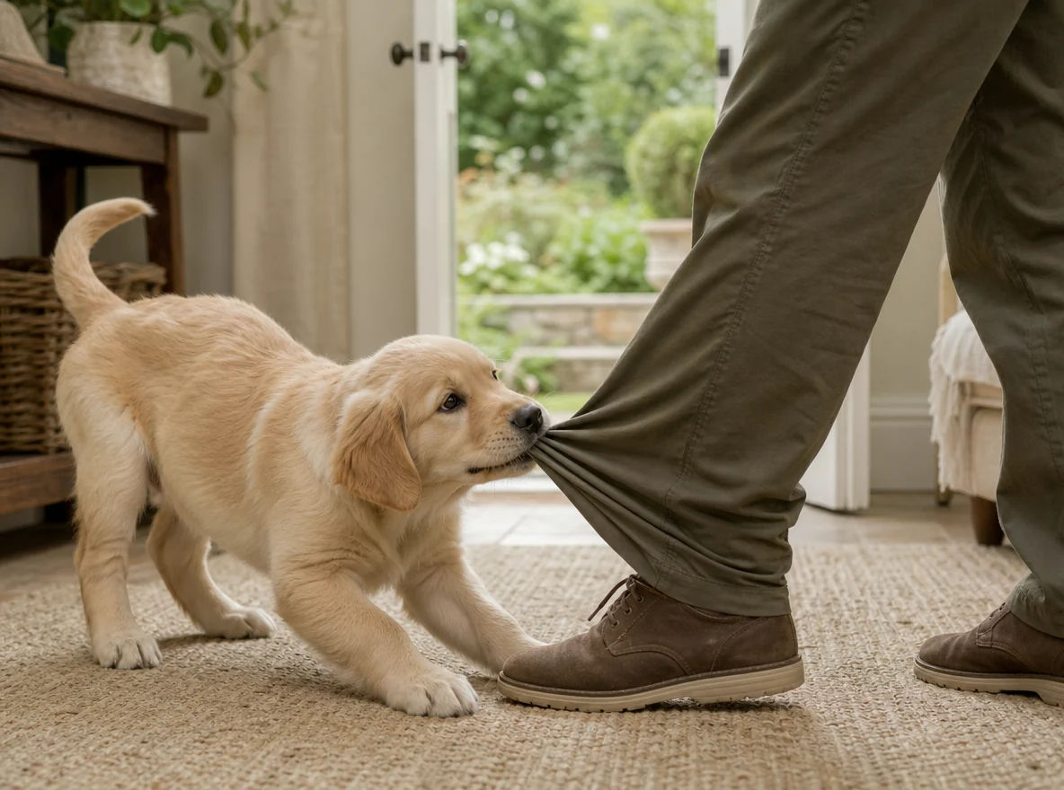 A puppy tugging at an adult’s trouser cuff