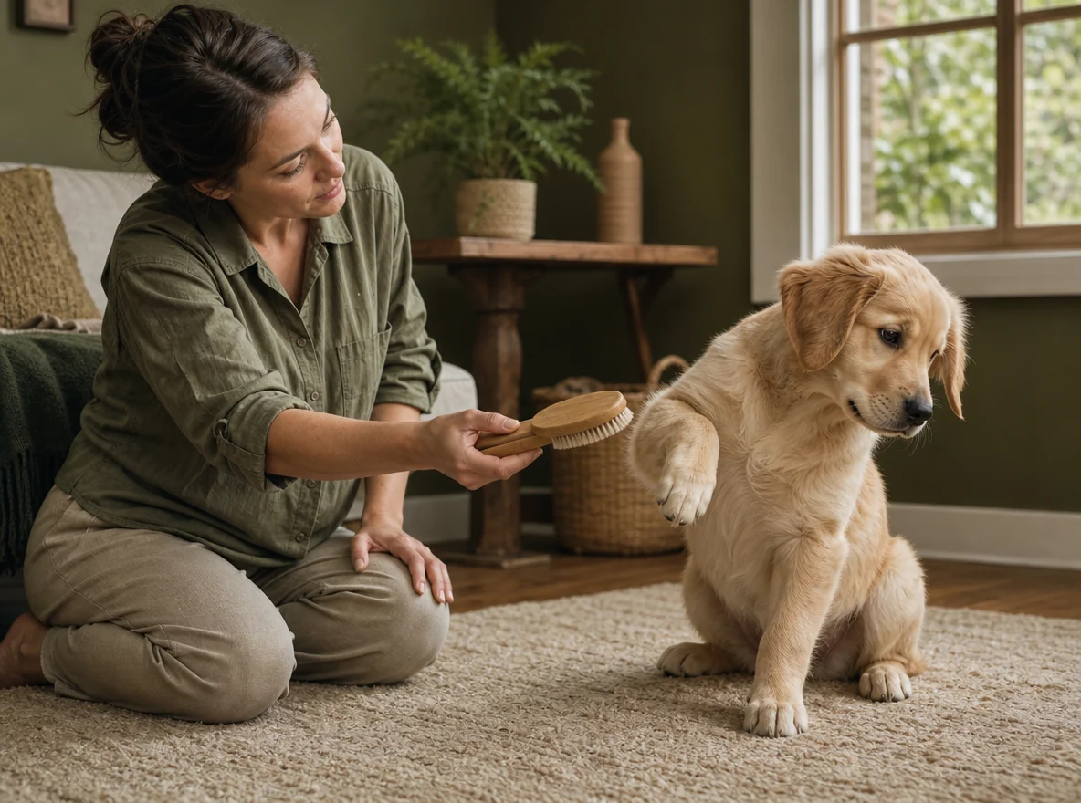 A puppy avoiding a grooming brush offered by an adult
