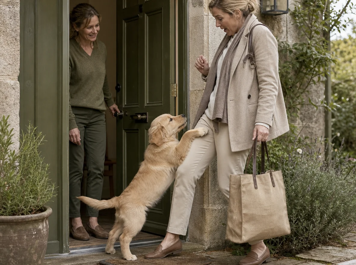A puppy jumping up on a visitor at the door