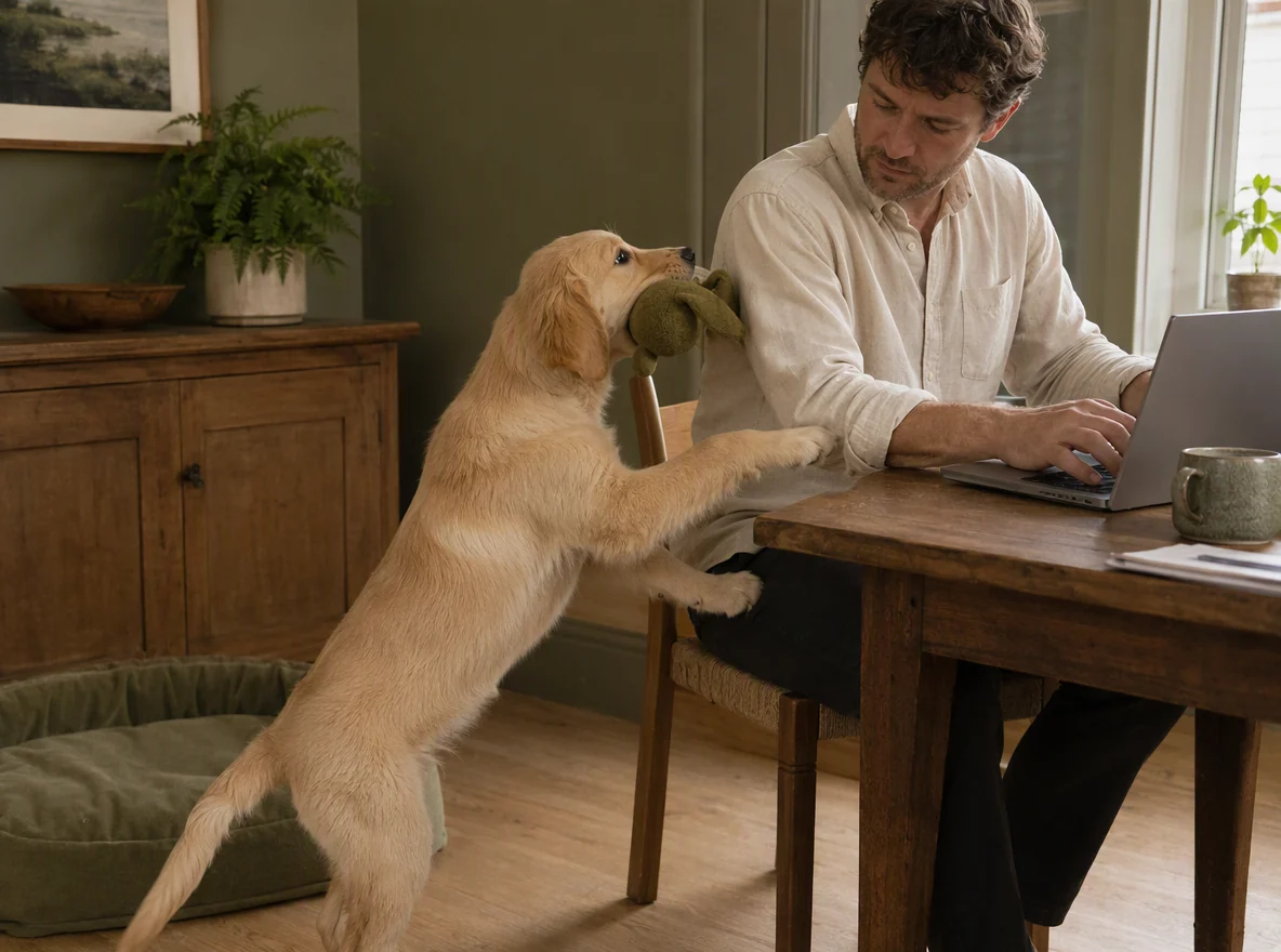 A restless puppy interrupting an adult trying to work