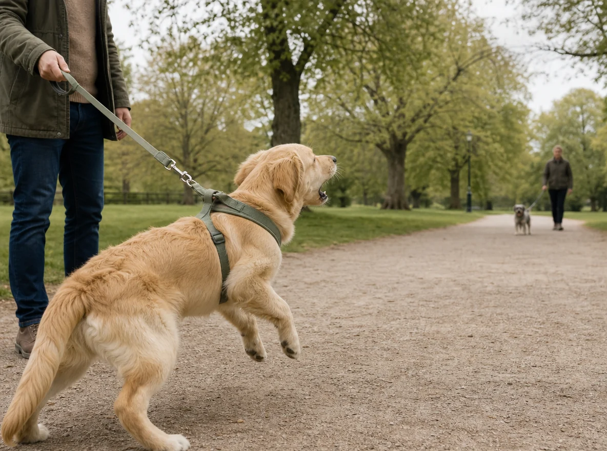 A dog barking toward another dog across a park path
