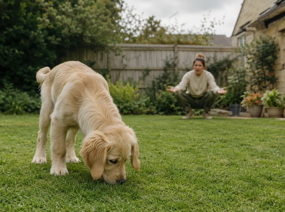 A dog busy sniffing while its owner calls from behind