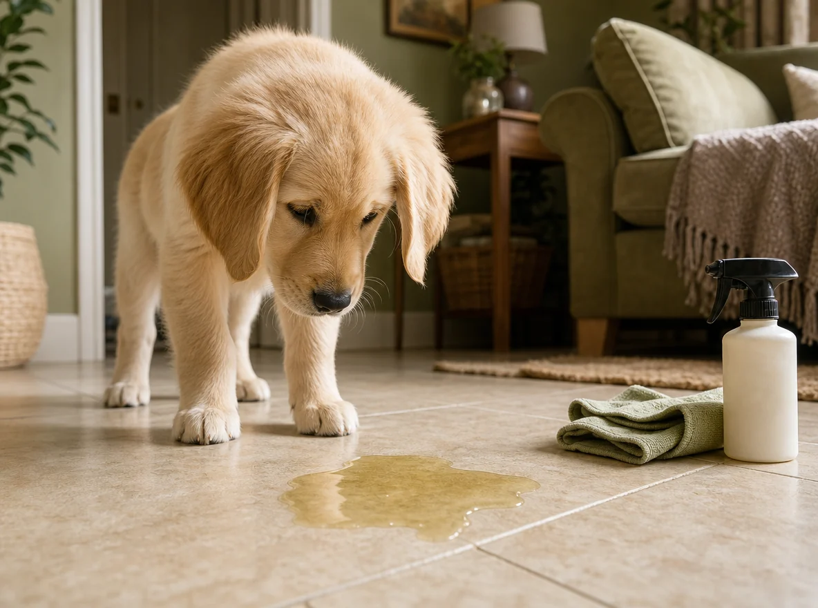 A puppy beside a toilet accident on the floor indoors