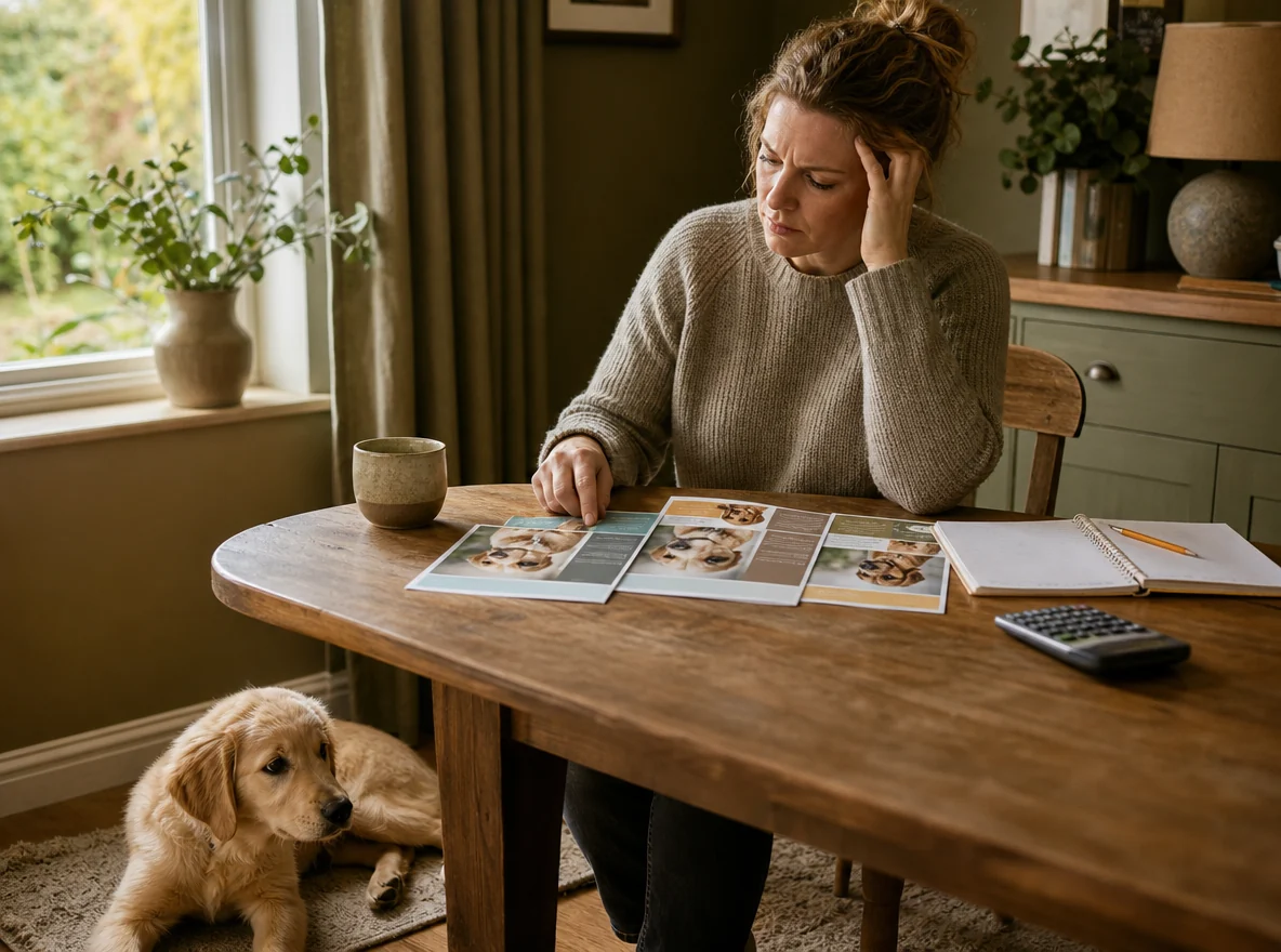 An owner comparing dog-training options at a table