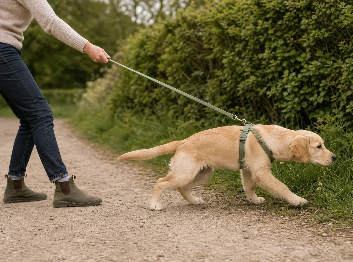 A young dog pulling forward on a taut harness lead