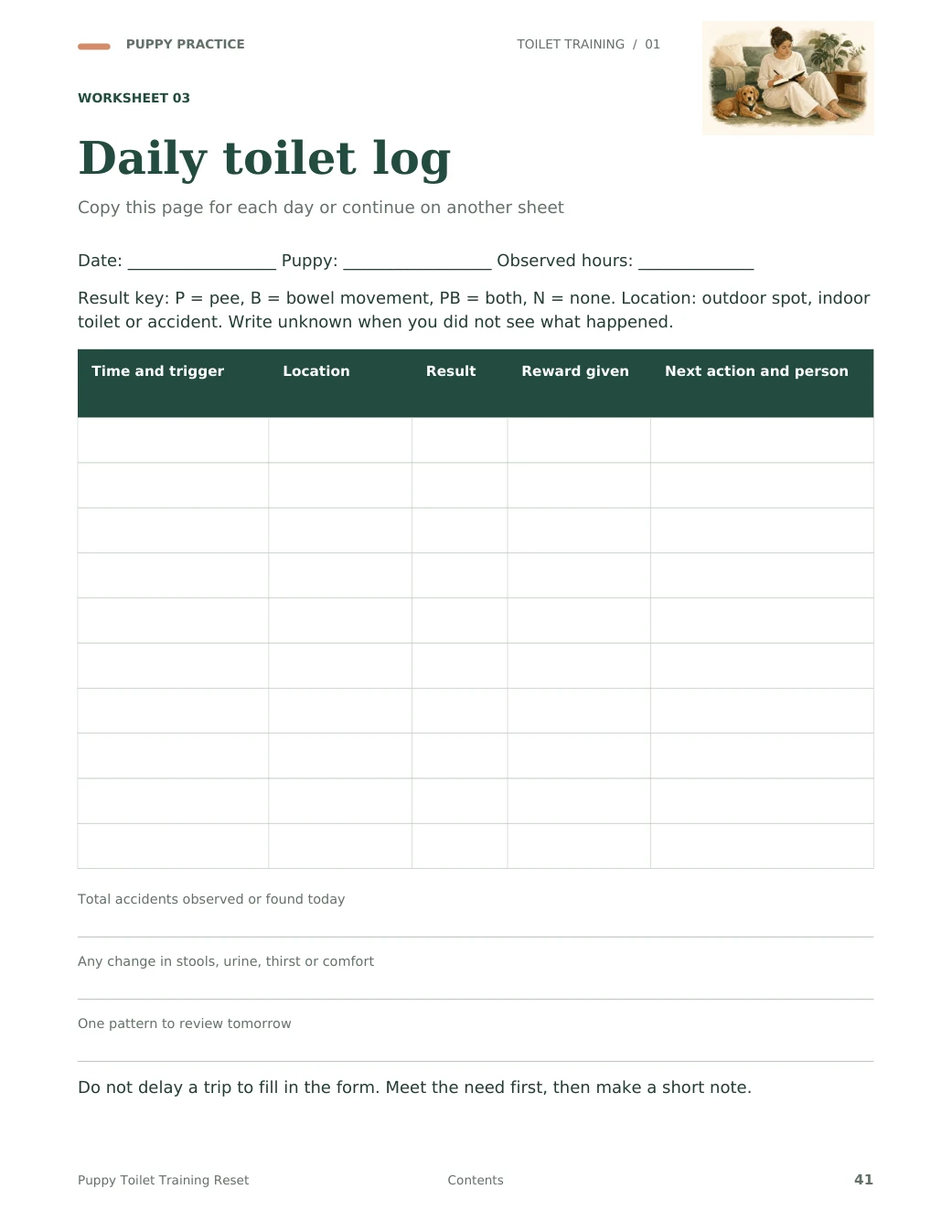 Actual PDF page 41: Daily toilet log